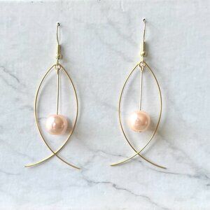 Gold Fish Earrings with Hanging Cream Faux Pearl Bead